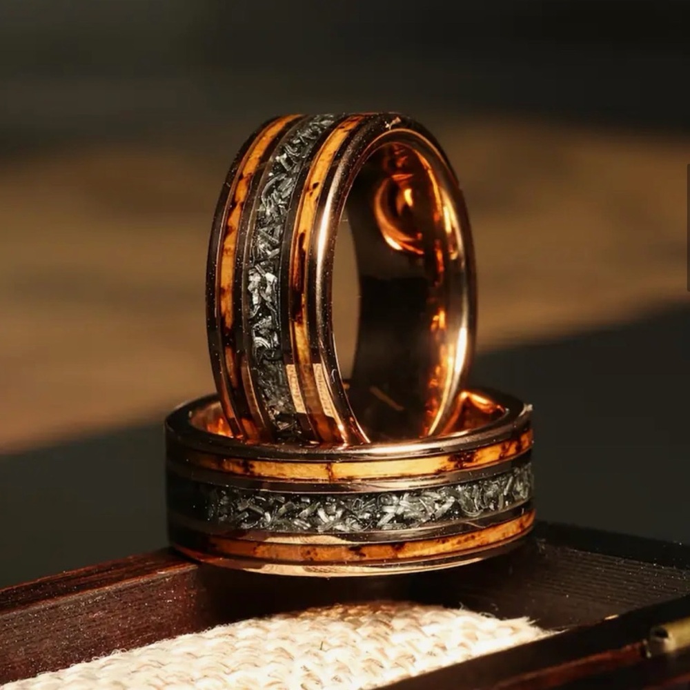 Men's Stainless Steel Wood Inlay Ring with Meteorite Accent Rose Golden Color - Picture 3 of 11